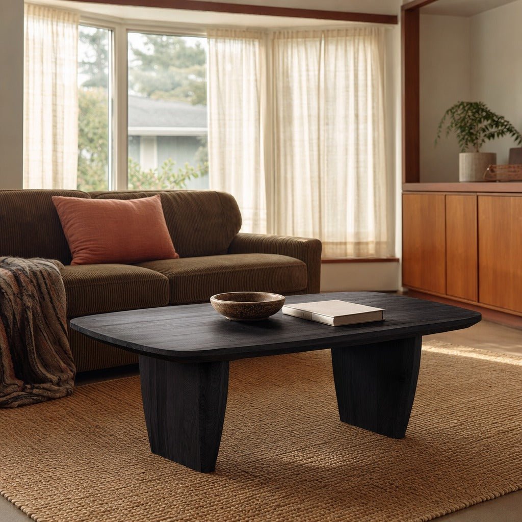 Tonic Coffee Table in Black Oak styled in Portland 1960s Garden Home ranch living room - Whats New Furniture