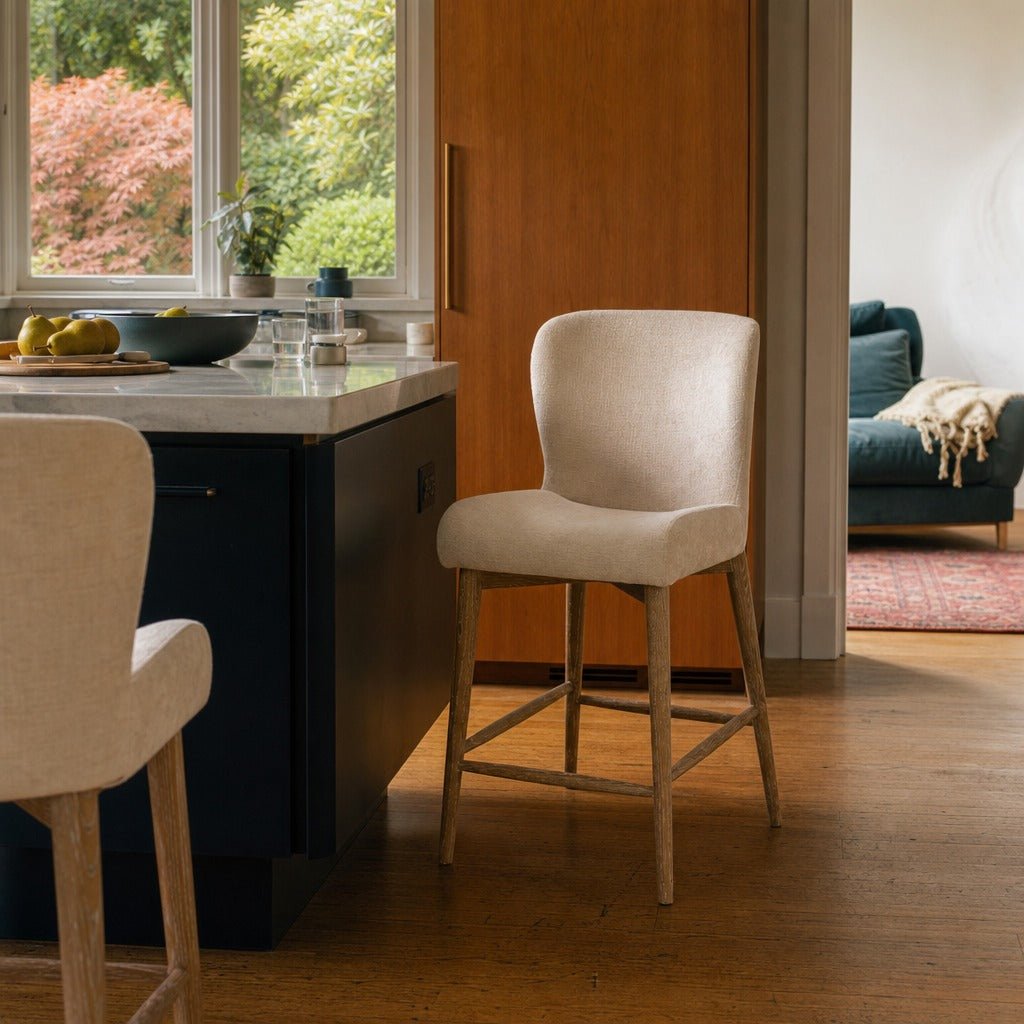 Uffizi Counter Stool in Champagne Chenille styled in Portland AlbertArts foursquare kitchen - Whats New Furniture