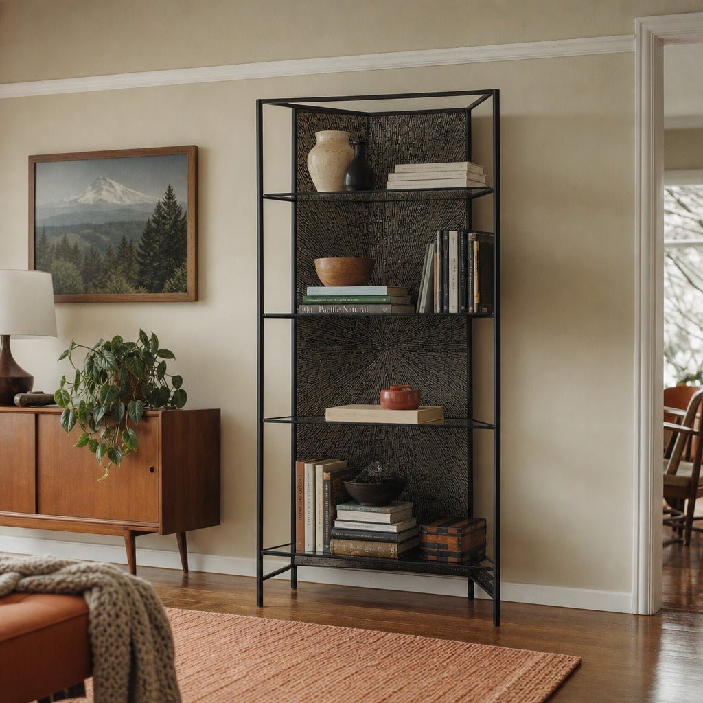 Venus Bookcase in Black styled in Portland 1960s Garden Home ranch living room - Whats New Furniture