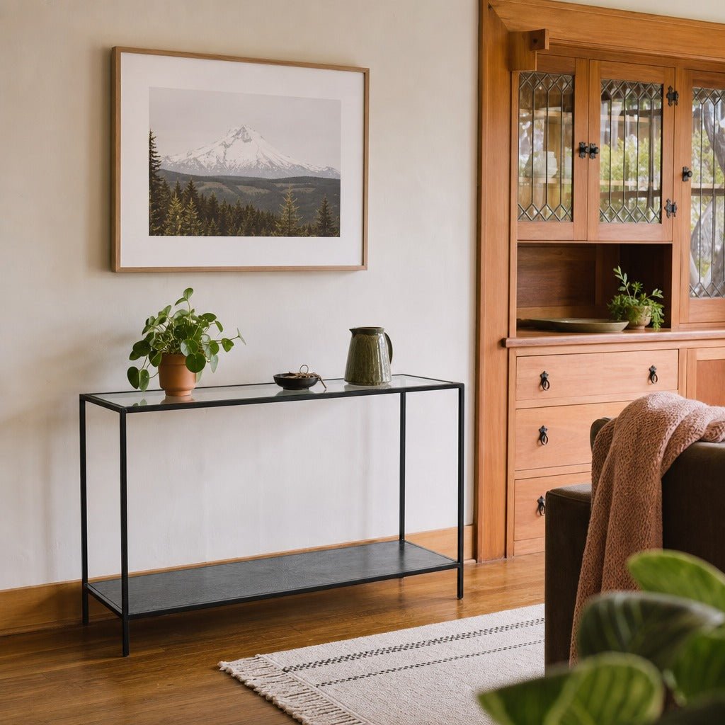 Venus Console Table in Black styled in Portland Montavillcottage living room - Whats New Furniture