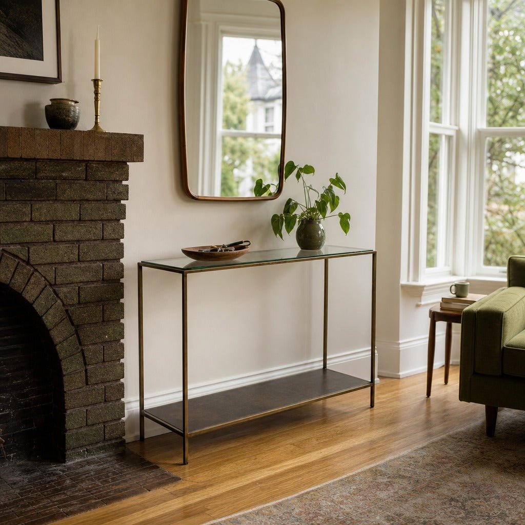 Venus Console Table in Bronze styled in Portland NW 23rd Victoriwith bay window living room - Whats New Furniture