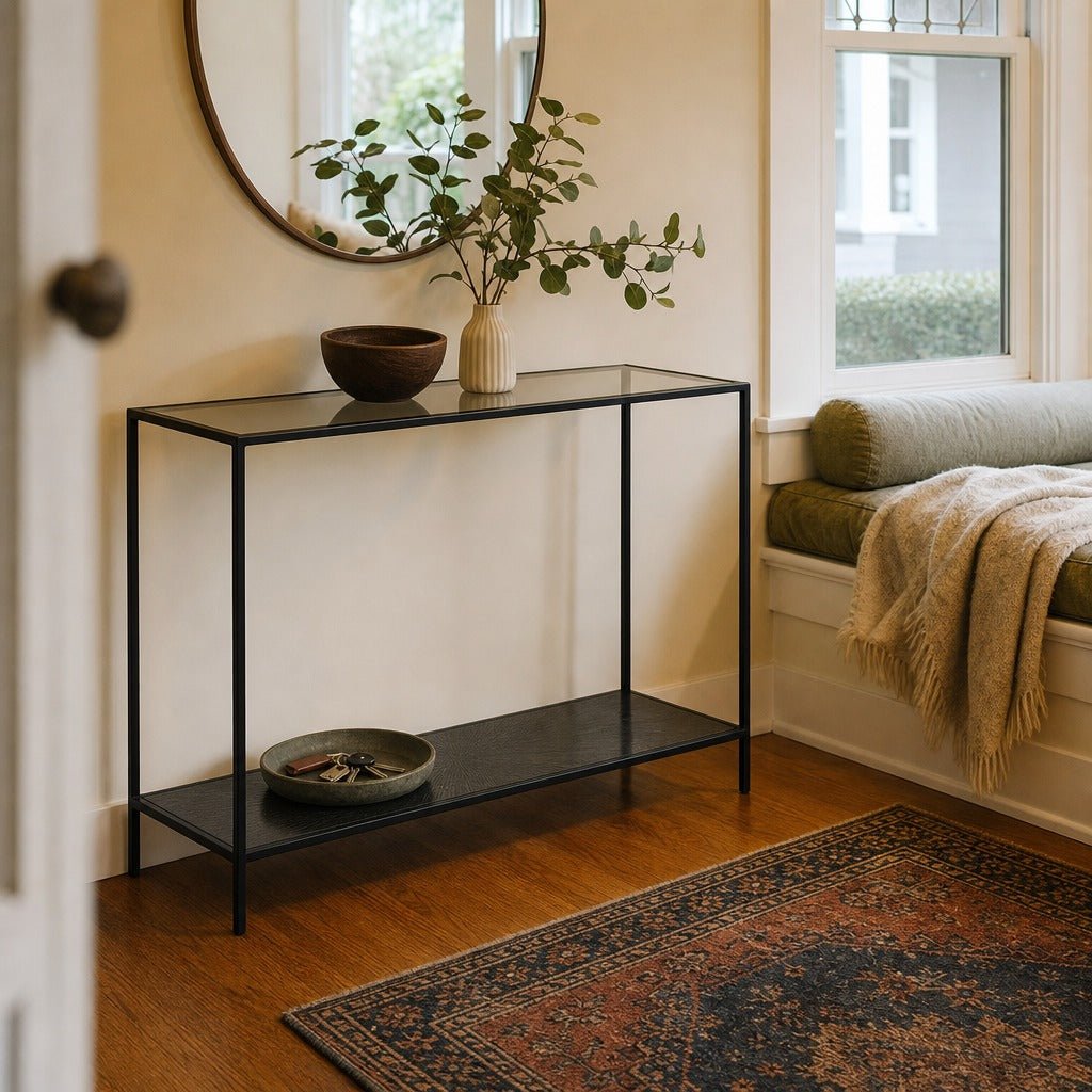 Venus Console Table in Black styled in Portland Sellwood cottage living room - Whats New Furniture