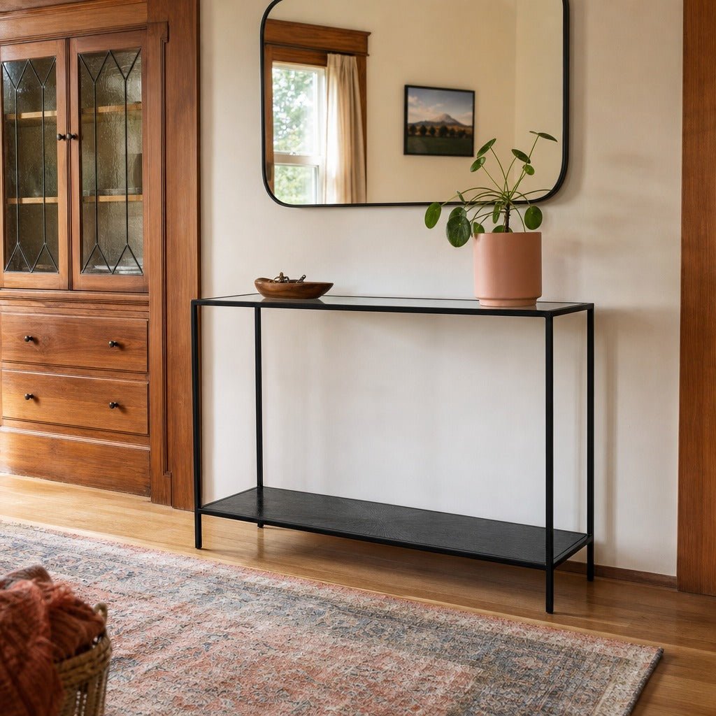 Venus Console Table in Black styled in Portland Montavillcottage living room - Whats New Furniture