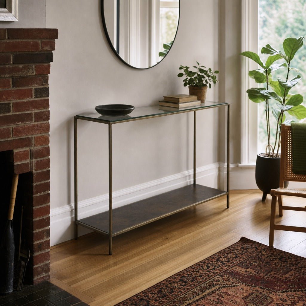 Venus Console Table in Bronze styled in Portland NW 23rd Victoriwith bay window living room - Whats New Furniture