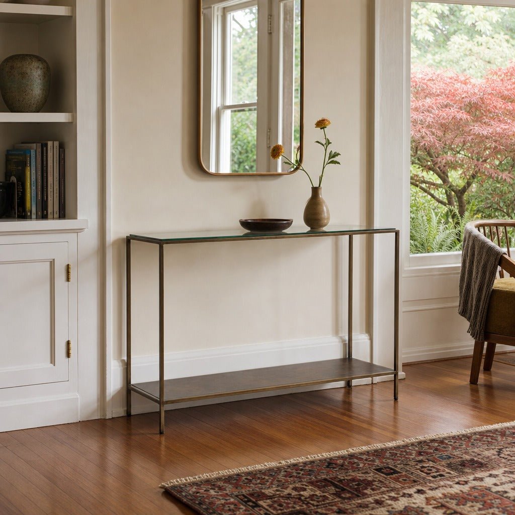 Venus Console Table in Bronze styled in Portland Irvington foursquare with original built-ins living room - Whats New Furniture