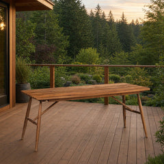 Vineyard Outdoor Dining Table on a spacious cedar deck overlooking a leafy Pacific Northwest garden in soft evening light - What&