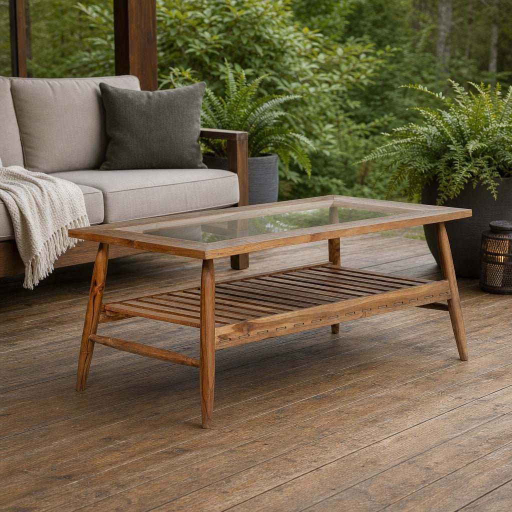 Vineyard Outdoor Rectangular Coffee Table on a cedar deck beside an outdoor lounge setting - What&