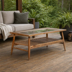 Vineyard Outdoor Rectangular Coffee Table on a cedar deck beside an outdoor lounge setting - What&