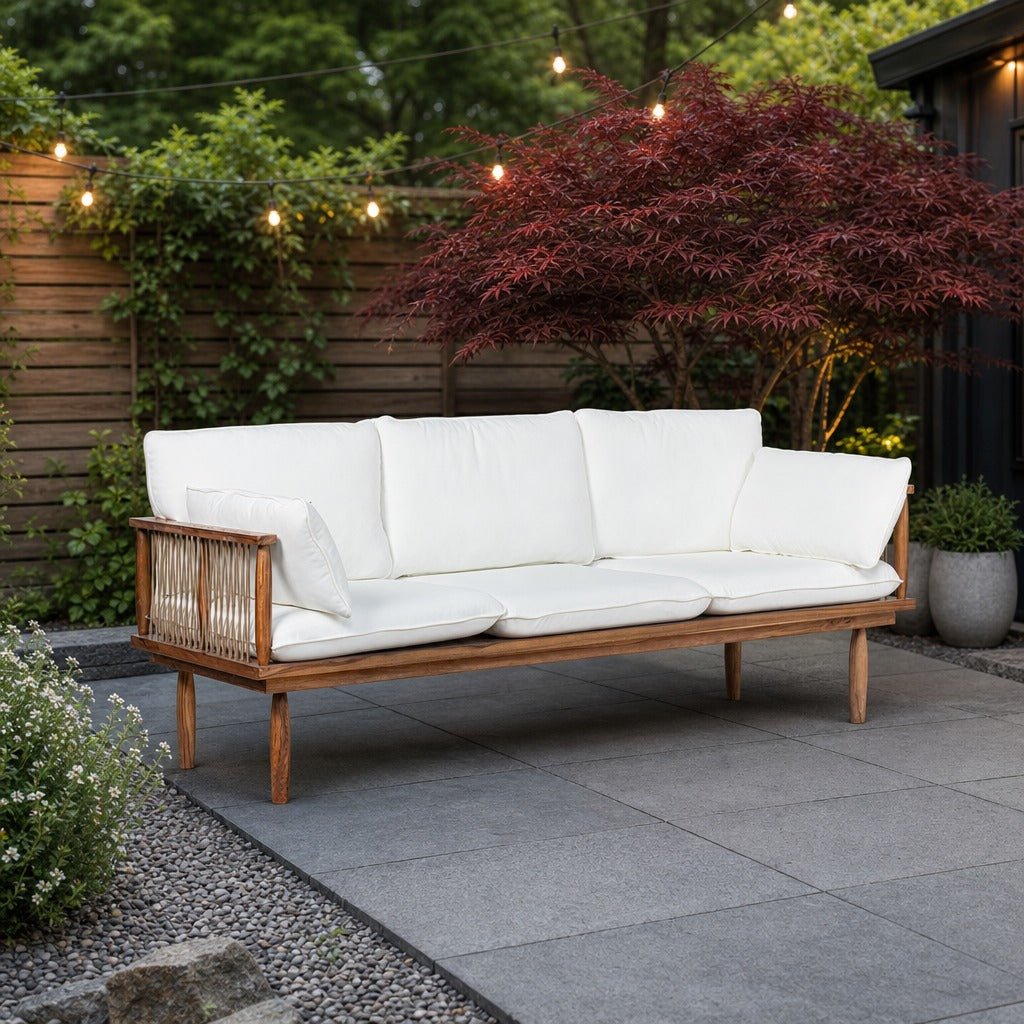 Vineyard Outdoor Sofa on a backyard patio conversation corner with a gravel border - What&