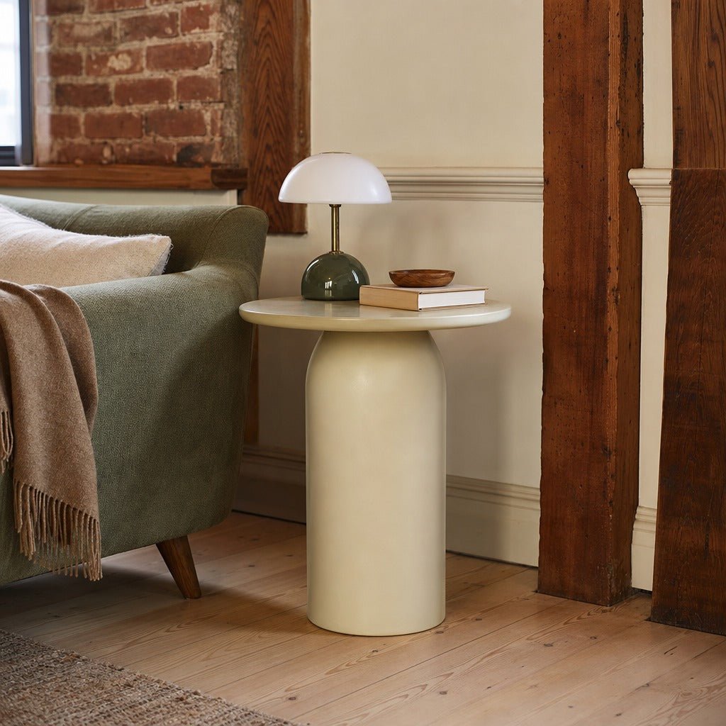 Vision Side Table in Ivory styled in Portland converted warehouse flat with warm exposed brick and fir timber beams (no steel, no concrete) living room - Whats New Furniture