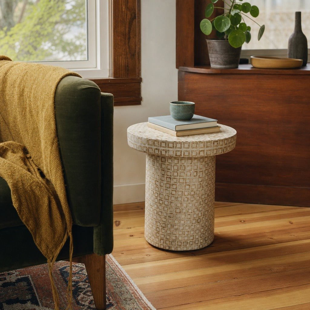 Waterlily Side Table styled in Portland Hawthorne Craftsmbungalow living room - Whats New Furniture