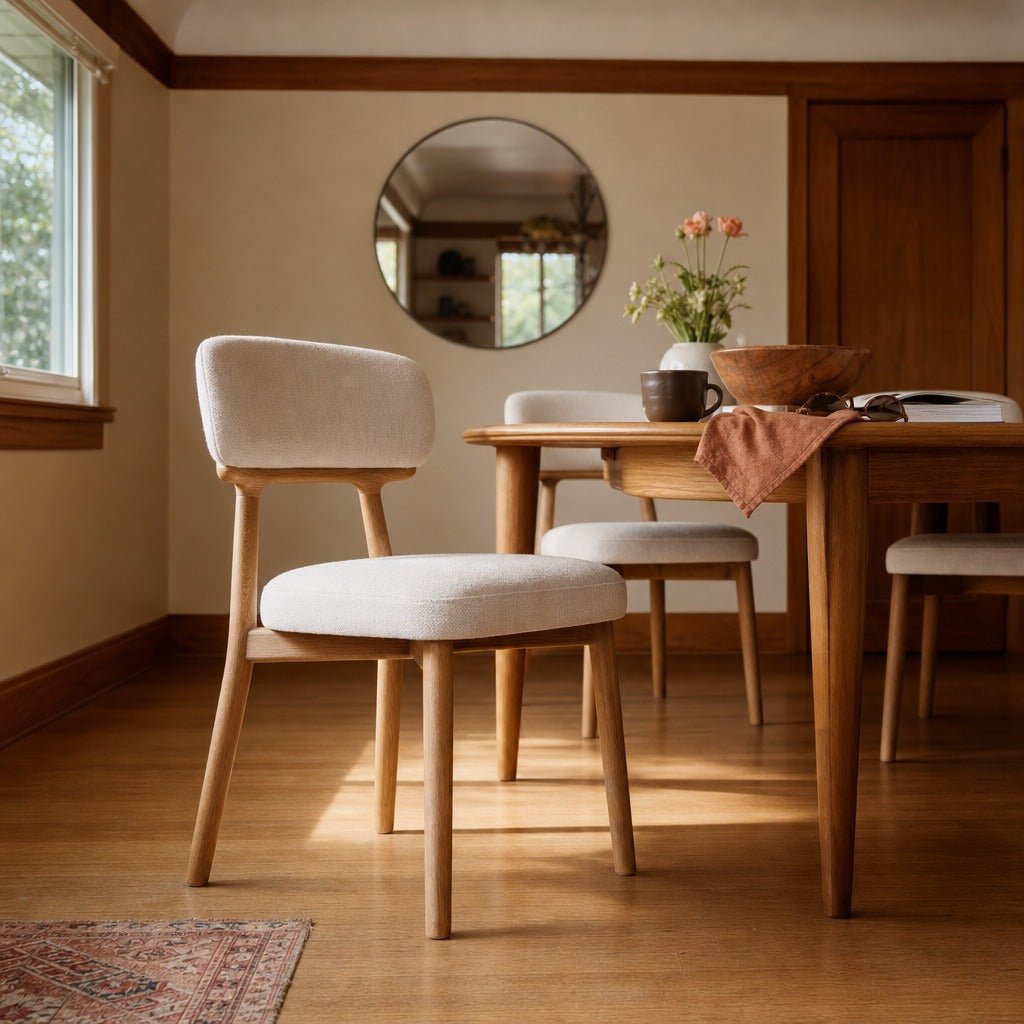Willow Dining Chair in Porcelain Chenille styled in Portland 1960s Garden Home ranch dining room - Whats New Furniture