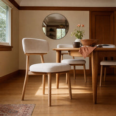 Willow Dining Chair in Porcelain Chenille styled in Portland 1960s Garden Home ranch dining room - Whats New Furniture
