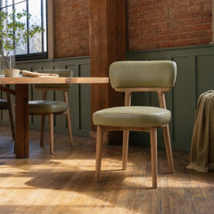 Willow Dining Chair in Sage Green Leather styled in Portland converted warehouse flat with warm exposed brick and fir timber beams (no steel, no concrete) dining room - Whats New Furniture