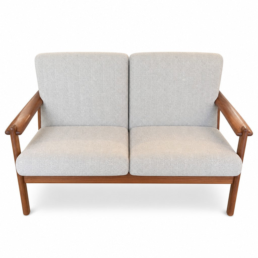 Light green mid-century loveseat with solid wood frame and Japanese joinery