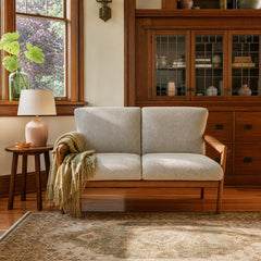 Light green mid-century loveseat with solid wood frame and Japanese joinery - view 2