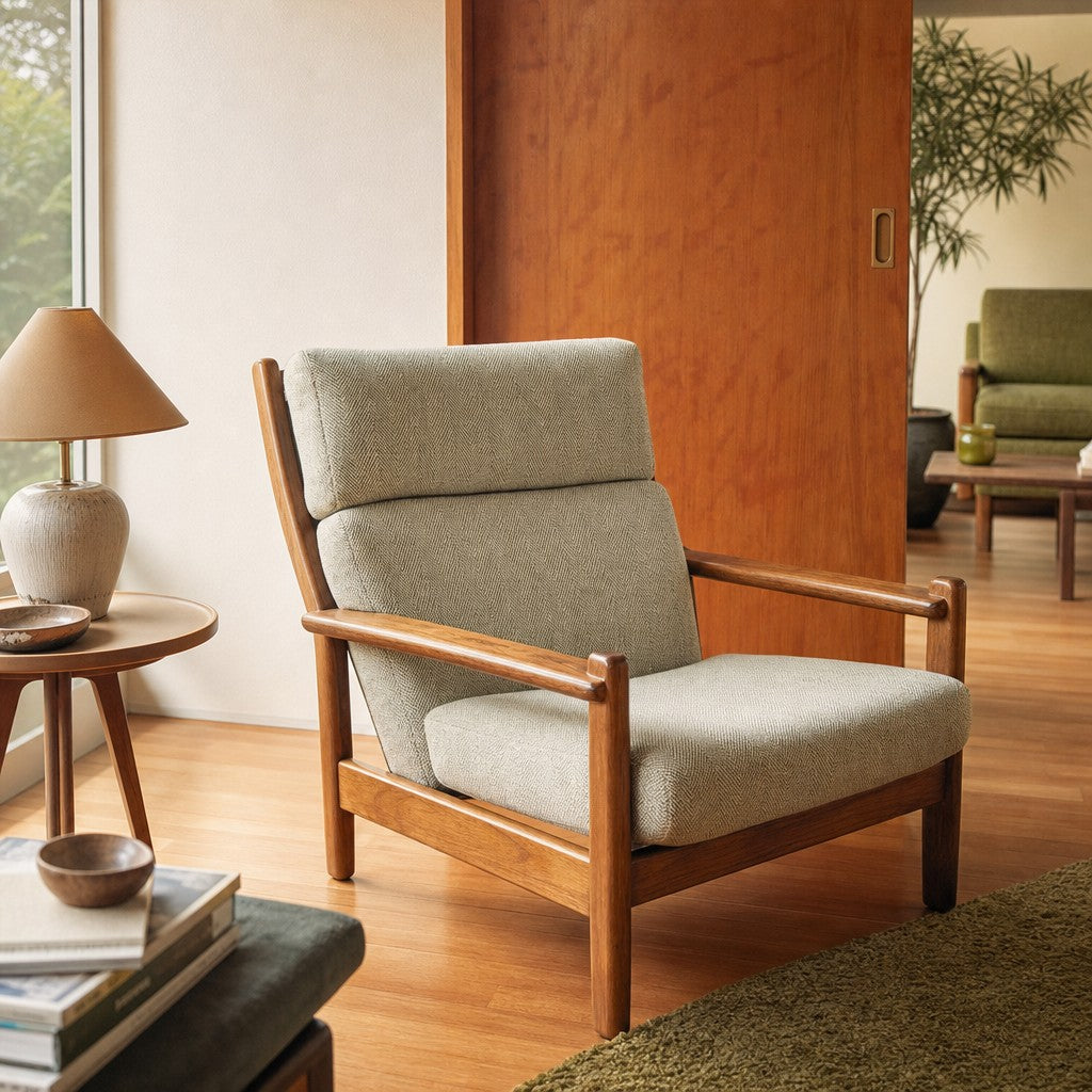 Light green mid-century armchair with solid wood frame and Japanese joinery - view 2