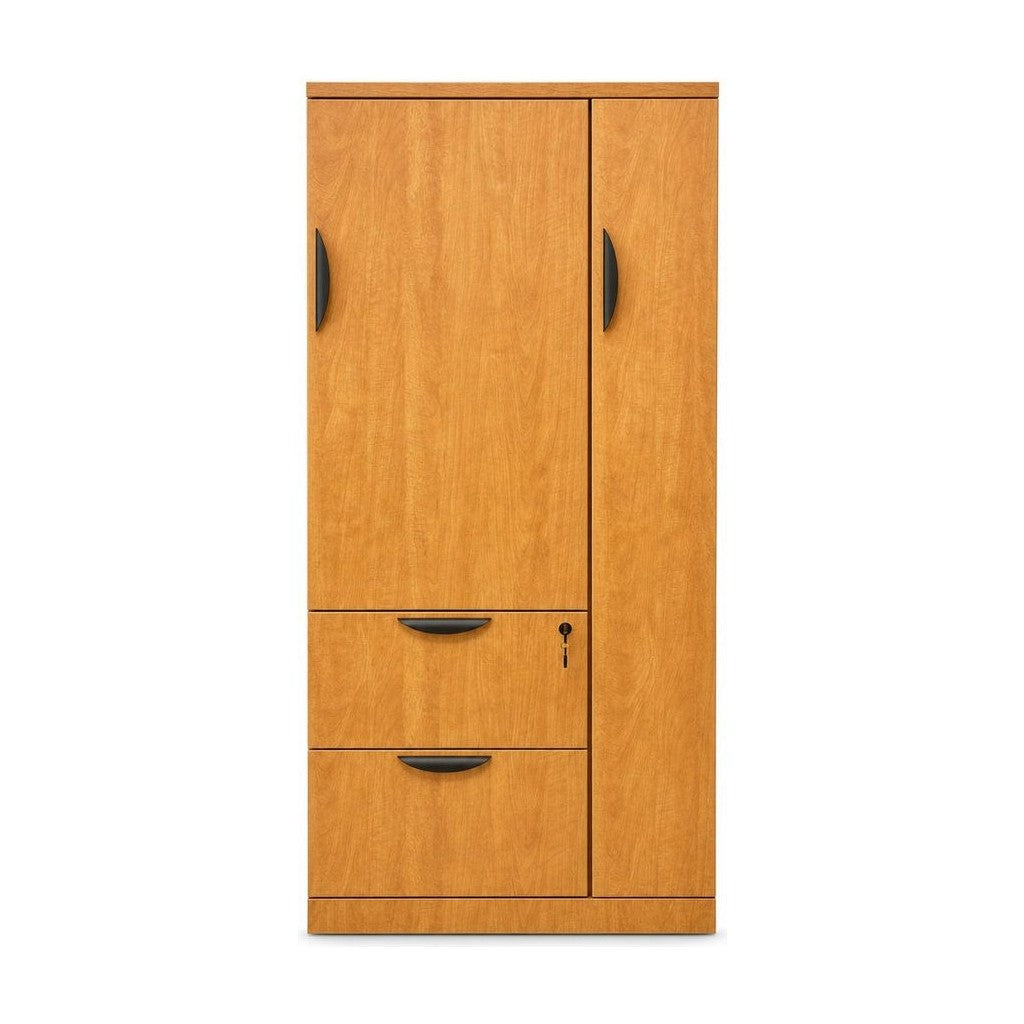 Light Honey Oak tall mid-century storage locker cabinet with vertical wood grain.