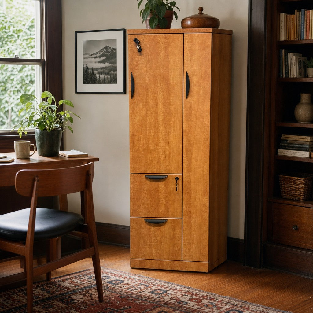 Light Honey Oak tall mid-century storage locker cabinet with vertical wood grain. - detail view 1