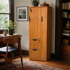 Light Honey Oak tall mid-century storage locker cabinet with vertical wood grain. - detail view 1