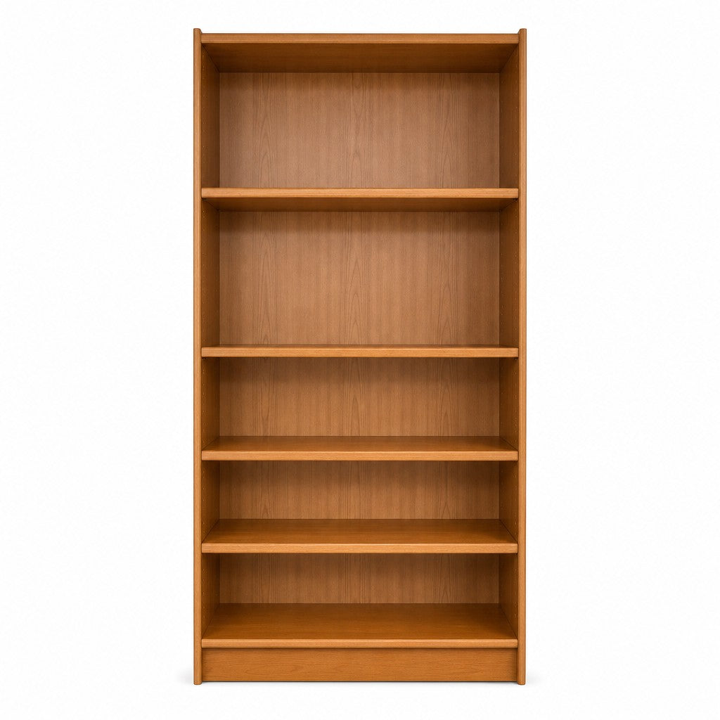 Light oak mid-century bookcase with a tall, slim vertical open-shelf frame