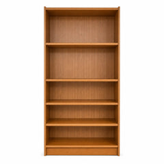 Light oak mid-century bookcase with a tall, slim vertical open-shelf frame