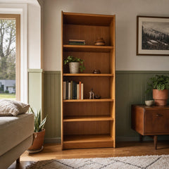 Light oak mid-century bookcase with a tall, slim vertical open-shelf frame - view 2