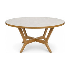 Light oak round dining table with a continuous rim and pedestal base.