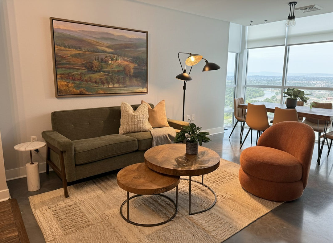 Living room interior design by Whats New Furniture in Portland Oregon - green sofa with nesting coffee tables and terracotta accent chair