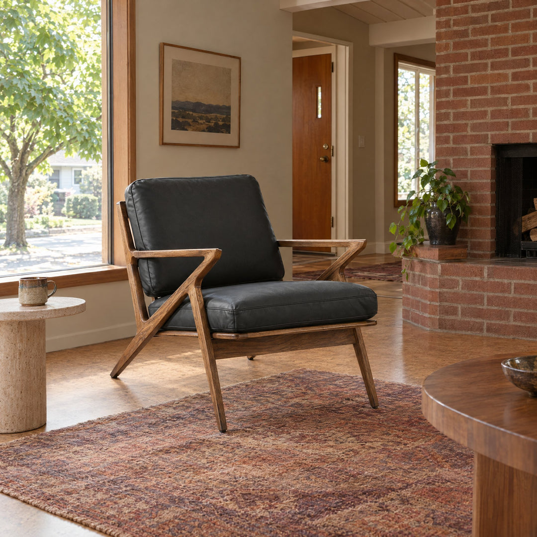 Loki Leather and Walnut Arm Chair in 625 Black / Walnut styled in a Portland home - Whats New Furniture