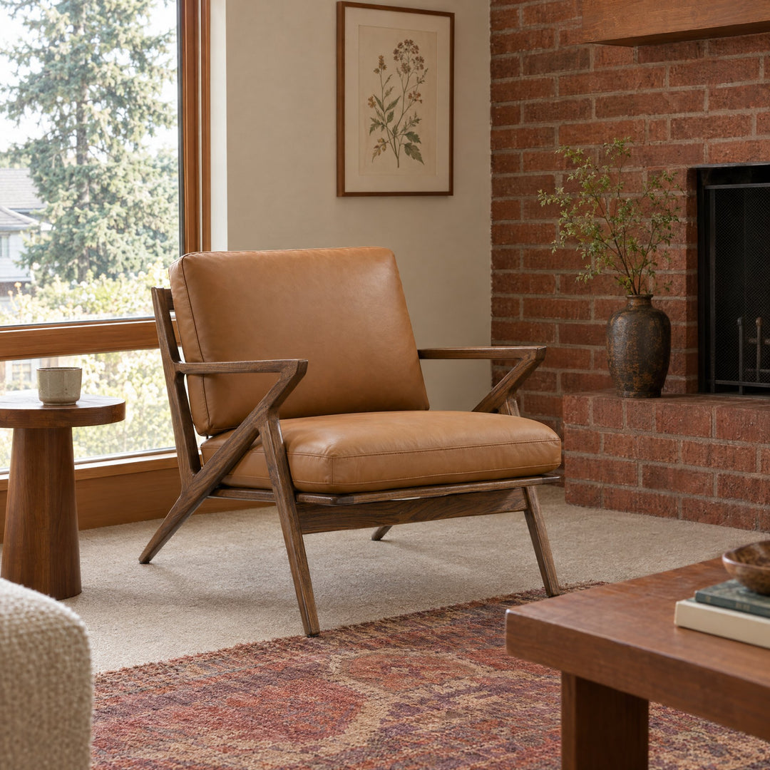 Loki Leather and Walnut Arm Chair in 643 Saddle / Walnut styled in a Portland home - Whats New Furniture
