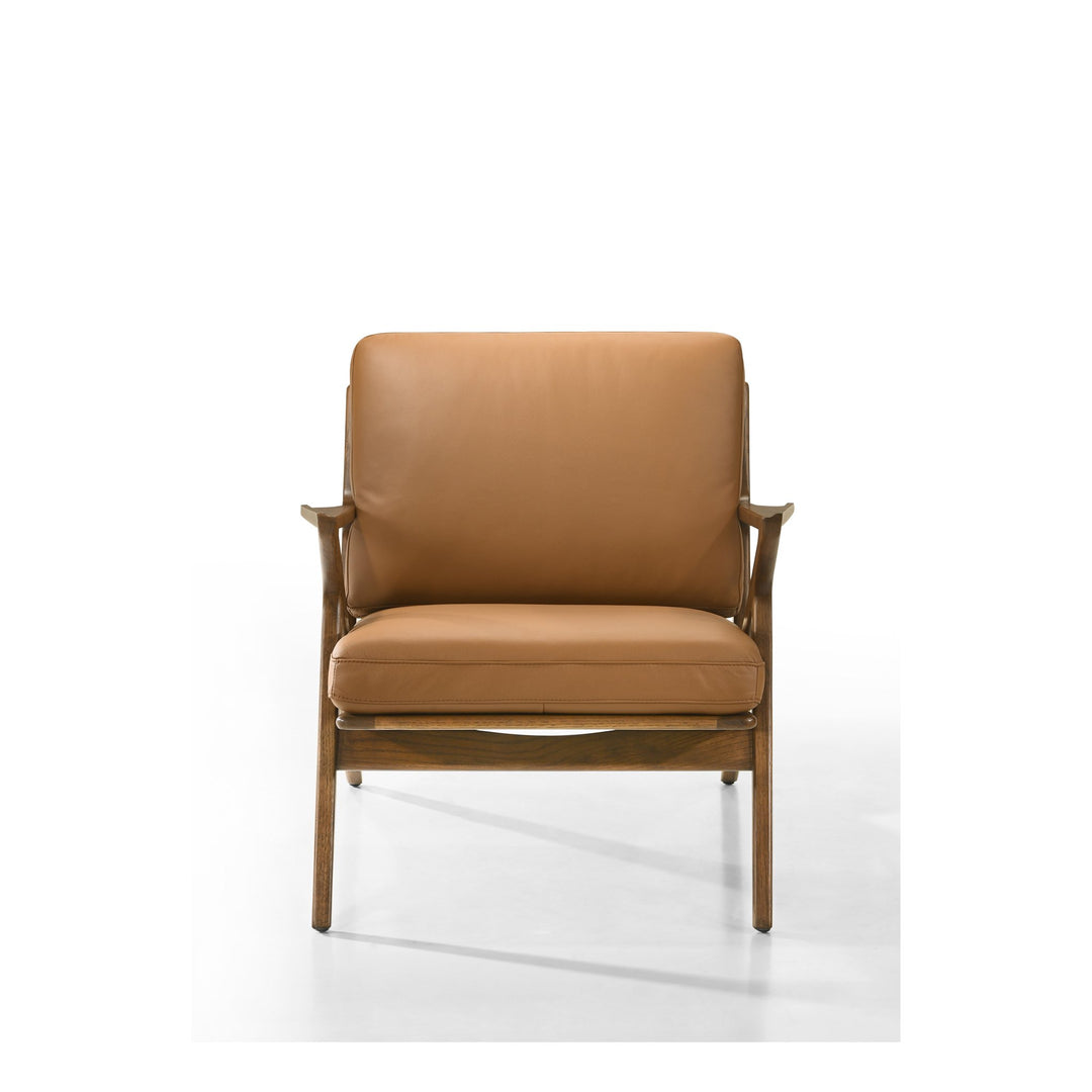 Loki Leather and Walnut Arm Chair in 643 Saddle / Walnut - front studio view - Whats New Furniture Portland