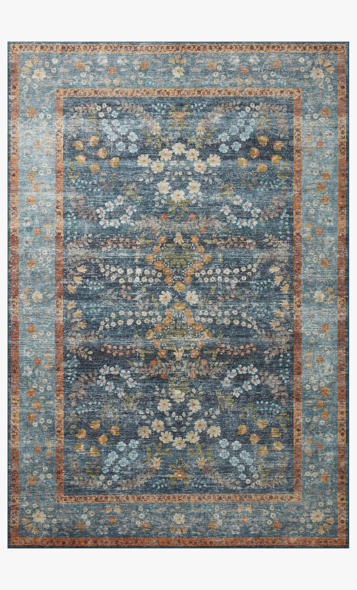 Palais Rug in Navy full view showing Anna Bond's painted florals on a deep navy ground - Rifle Paper Co. x Loloi - Whats New Furniture Portland OR