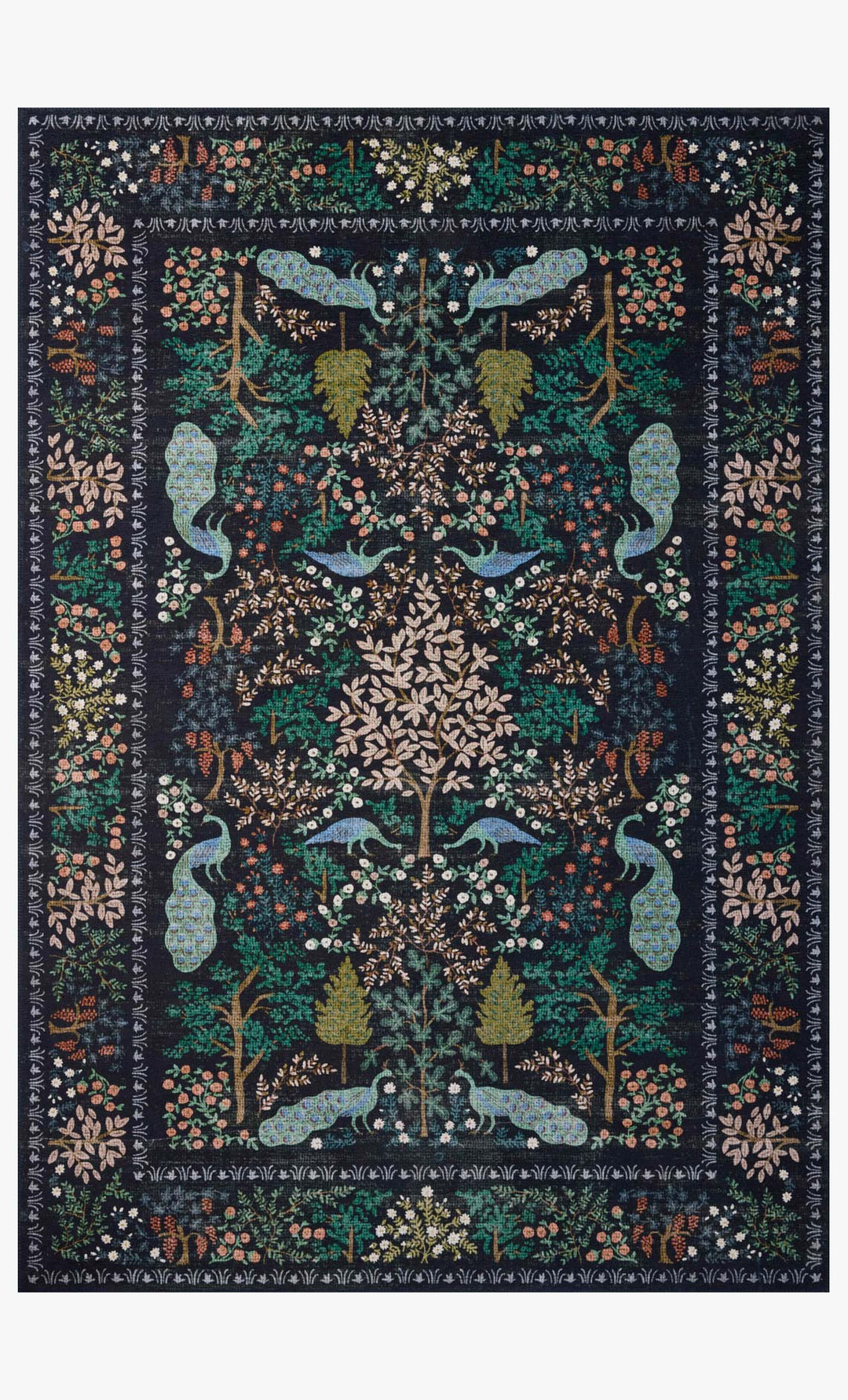Canopy Rug in Charcoal full view showing the Rifle Paper Co. enchanted forest design with peacocks and deer - Loloi rug - Whats New Furniture Portland OR