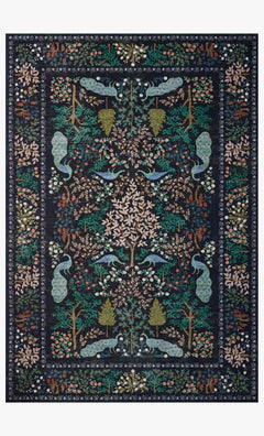 Canopy Rug in Charcoal full view showing the Rifle Paper Co. enchanted forest design with peacocks and deer - Loloi rug - Whats New Furniture Portland OR