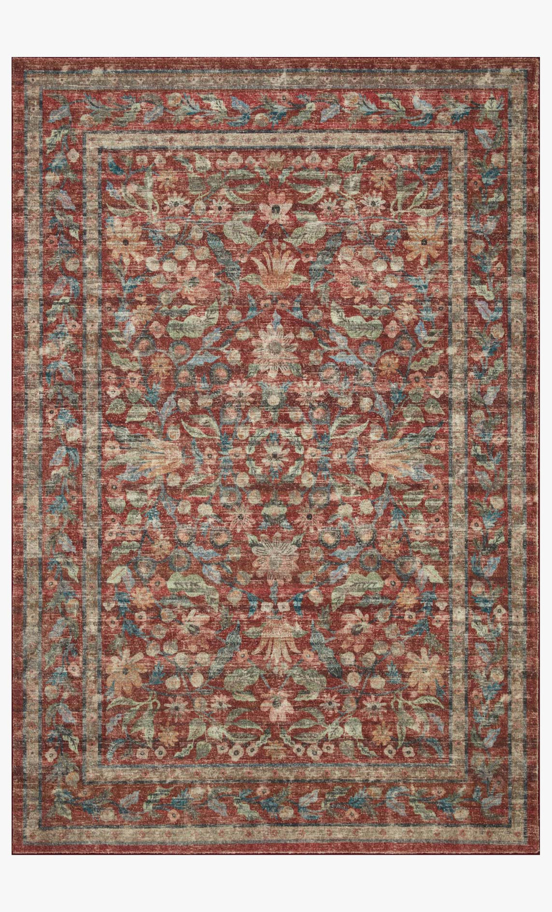 Courtyard Rug in Eve Crimson full view showing dense vintage florals in red and sage - Rifle Paper Co. x Loloi - Whats New Furniture Portland OR