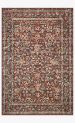 Courtyard Rug in Eve Crimson full view showing dense vintage florals in red and sage - Rifle Paper Co. x Loloi - Whats New Furniture Portland OR