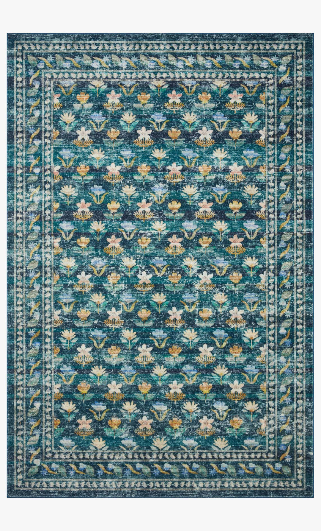 Courtyard Rug in Hadley Emerald full view showing the teal floral trellis pattern - Rifle Paper Co. x Loloi - Whats New Furniture Portland OR