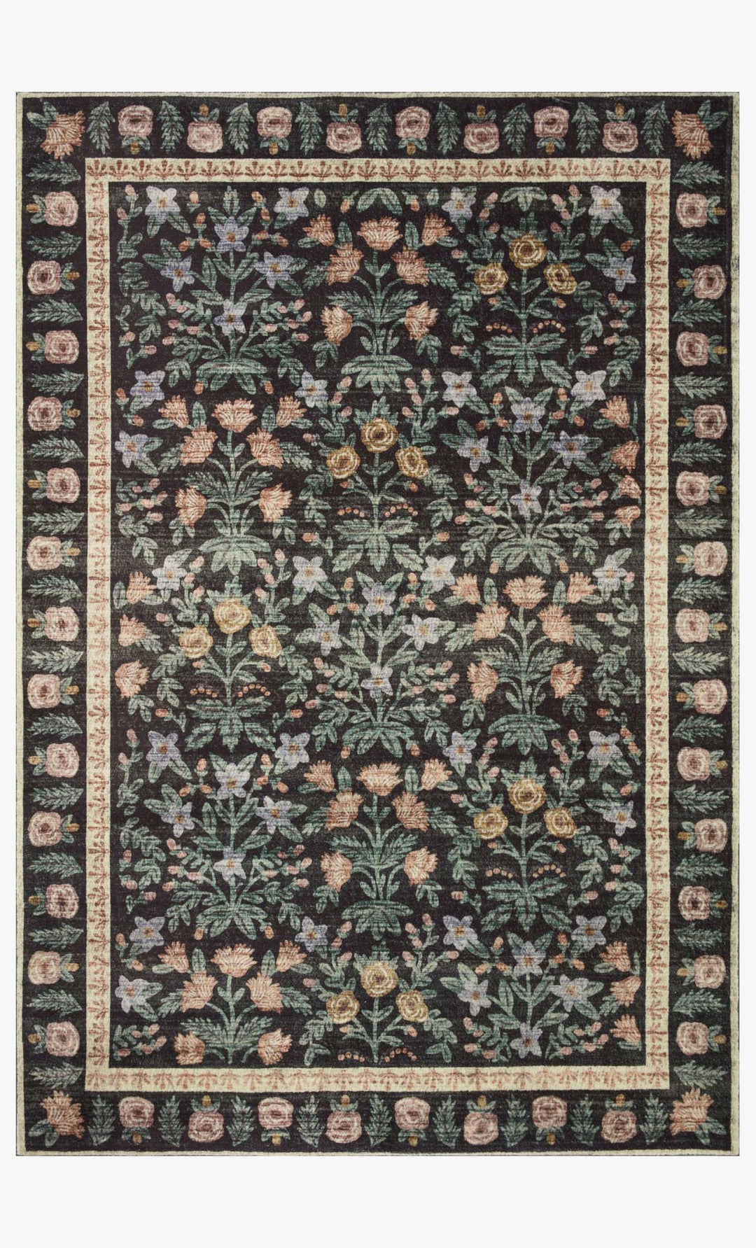 Eden Rug in Mughal Garden Black full view showing botanical rows on a black ground with cream border - Rifle Paper Co. x Loloi - Whats New Furniture Portland OR