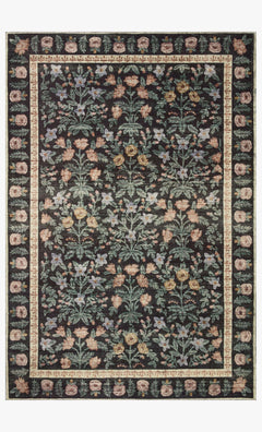 Eden Rug in Mughal Garden Black full view showing botanical rows on a black ground with cream border - Rifle Paper Co. x Loloi - Whats New Furniture Portland OR