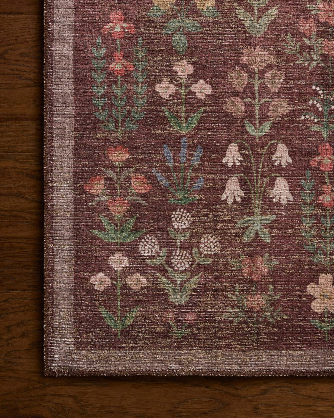 Close-up of the printed bellflowers and natural jute fibers on the Edinburgh Merlot rug - Whats New Furniture Portland OR