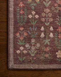 Close-up of the printed bellflowers and natural jute fibers on the Edinburgh Merlot rug - Whats New Furniture Portland OR