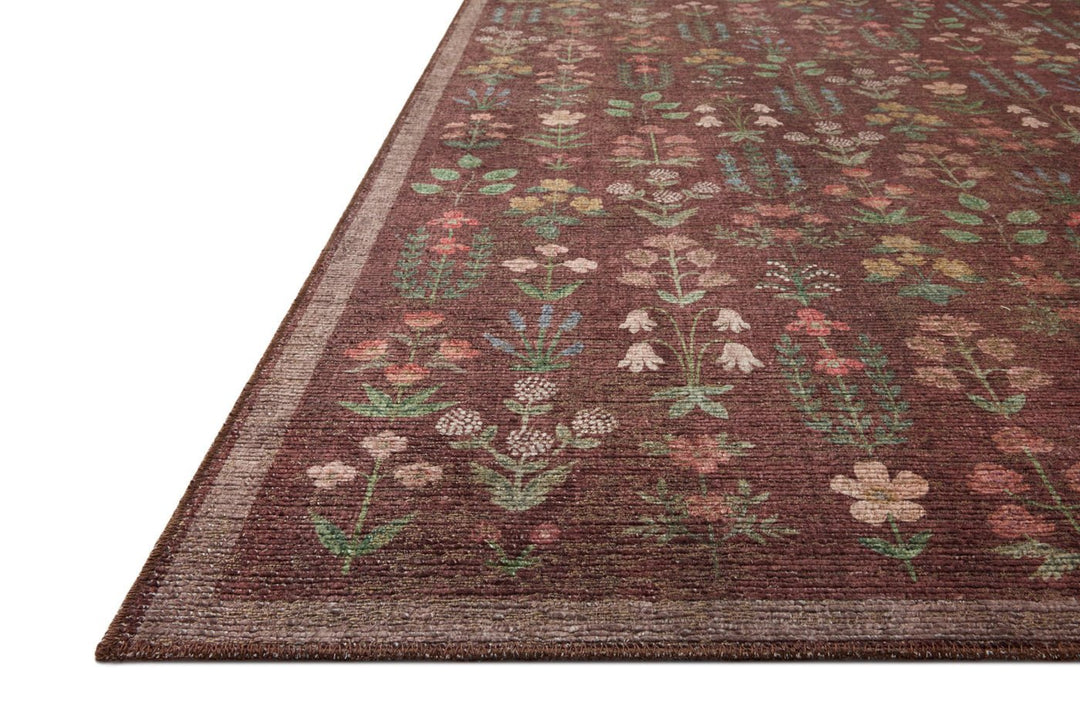 Angled view of the Edinburgh Merlot rug showing the jute weave texture under the printed design - Loloi Rugs - Whats New Furniture Portland