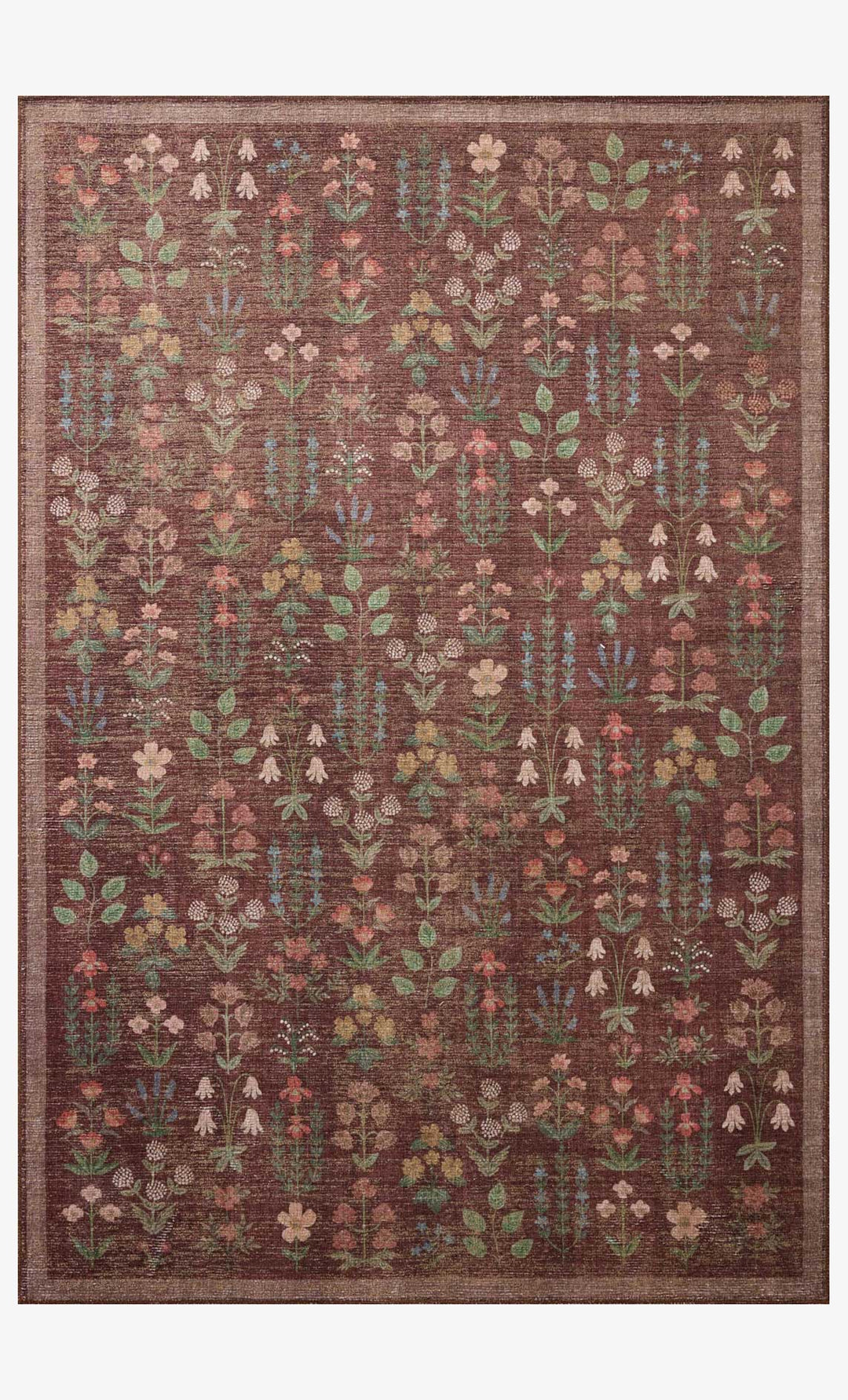 Edinburgh Jute Rug in Merlot full view showing Rifle Paper Co. botanicals printed on natural jute - Loloi rug - Whats New Furniture Portland OR