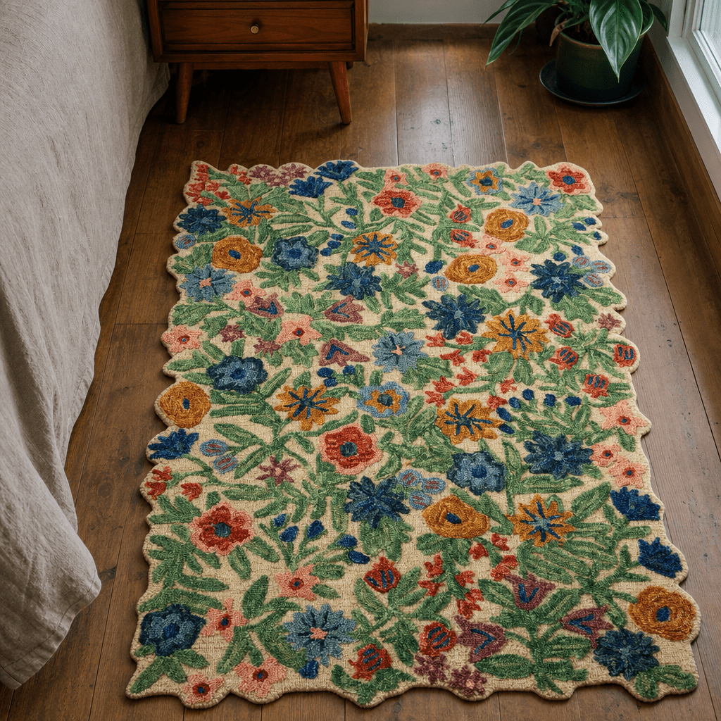 Edith Ivory Multi floral accent rug styled on a wood floor beside a bed in a Portland home - Whats New Furniture