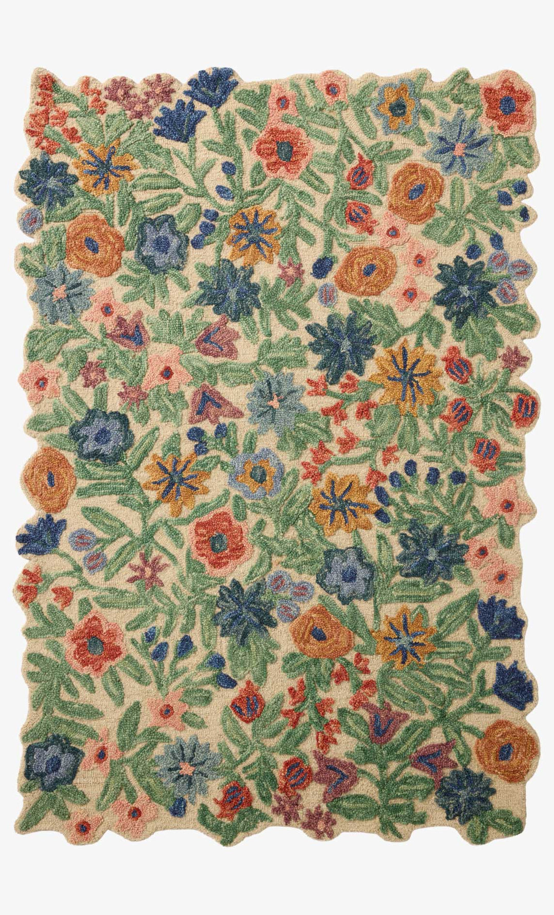 Edith Hand Tufted Rug in Ivory Multi full view showing dense tufted florals with a scalloped live edge - Rifle Paper Co. x Loloi - Whats New Furniture Portland OR