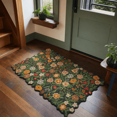 Edith Navy Multi floral accent rug styled on a wood floor at an entry in a Portland home - Whats New Furniture