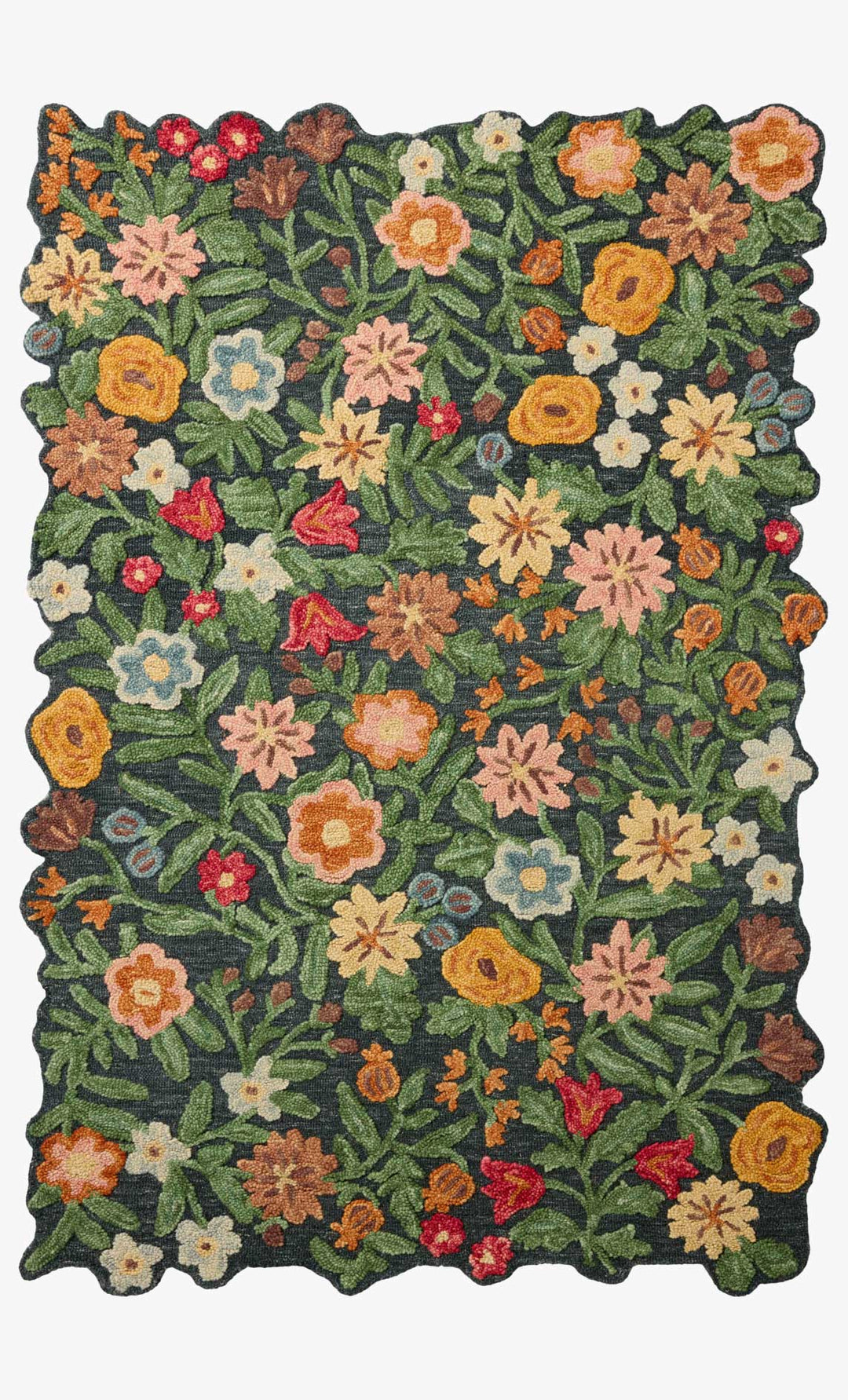 Edith Hand Tufted Rug in Navy Multi full view showing tufted florals on deep navy with a scalloped live edge - Rifle Paper Co. x Loloi - Whats New Furniture Portland OR
