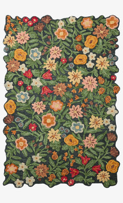 Edith Hand Tufted Rug in Navy Multi full view showing tufted florals on deep navy with a scalloped live edge - Rifle Paper Co. x Loloi - Whats New Furniture Portland OR