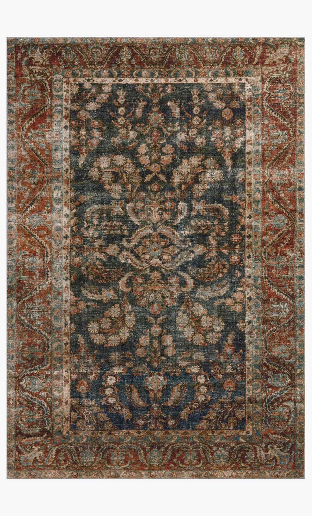 Jules Rug in Ocean Spice full view showing the vintage Persian-style design in deep blue and rust - Chris Loves Julia x Loloi - Whats New Furniture Portland OR